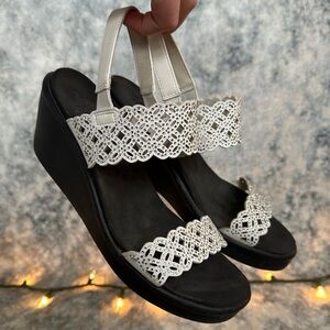 Cali Sketchers, black and white sandal wedges with rhinestone accents